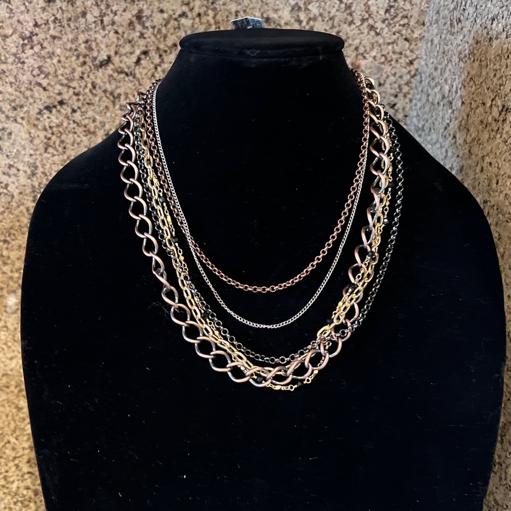 Sterling silver Rhodium & Swarovski Crystal Multi  Layered Link Chain Necklace